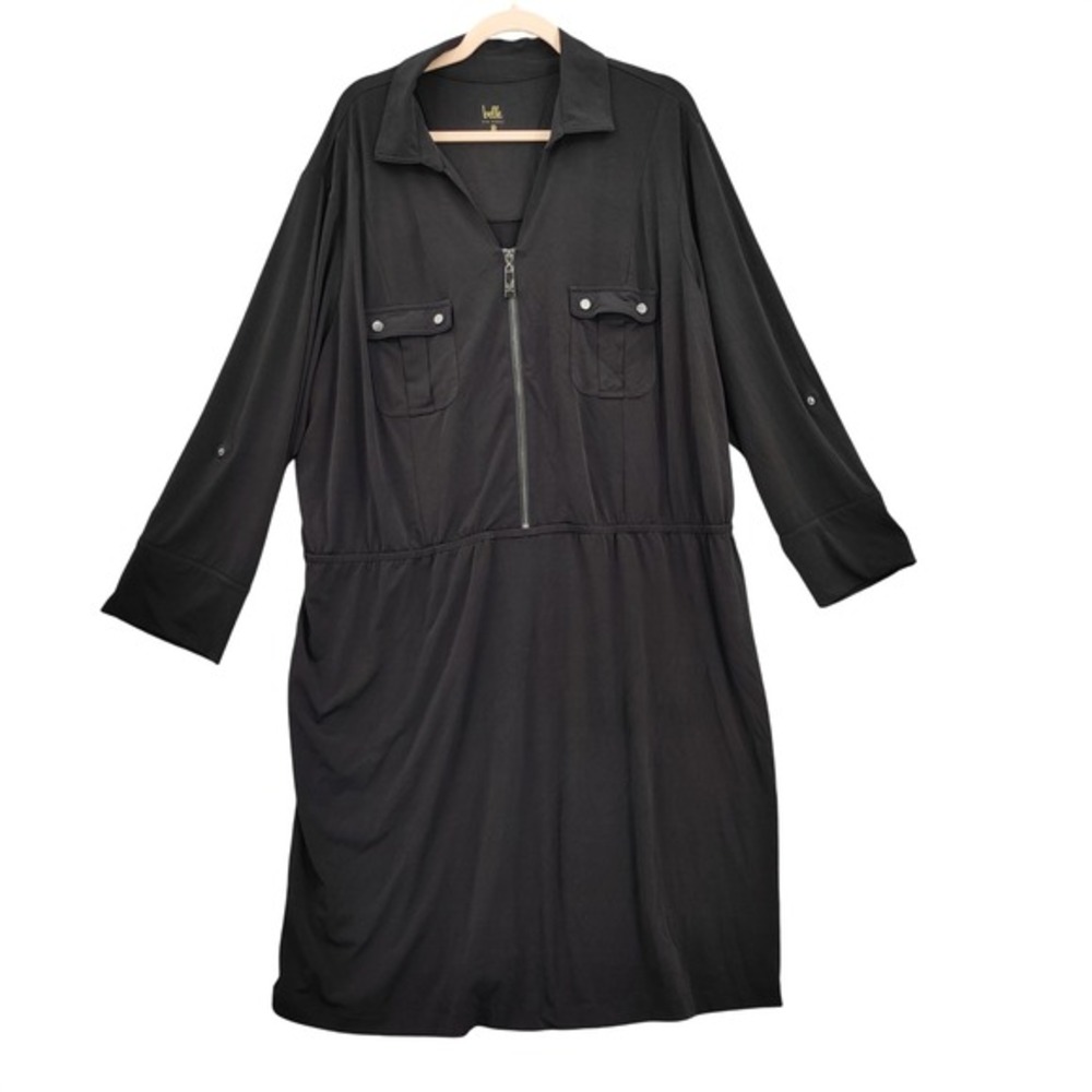 Belle Kim Gravel Womens Utility Safari Shirt Dress 3X Black Zip Front Roll Tab